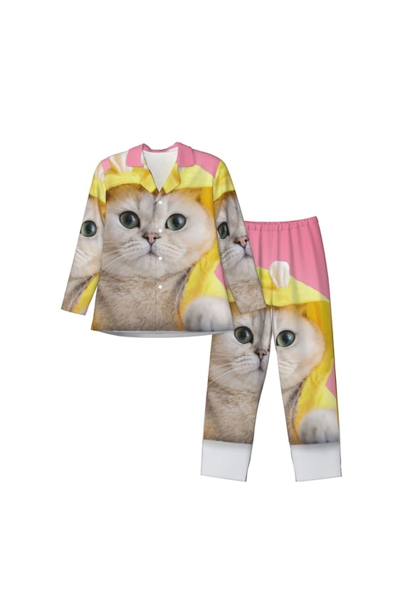 A Funny Cat Print Pajamas Set Mens Pajamas Long Sleeve Loungewear Two-Piece Sleepwear Button-Down Pjs Set,2PJS-X-Large