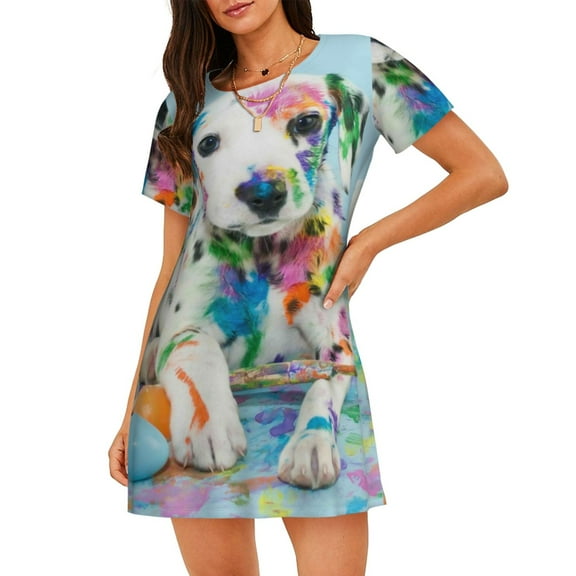 Xecao A Funny Little Dalmatian Puppy for Women's Loose Nightgown Sleepwear Short Sleeves Shirt Casual Print Sleepdress