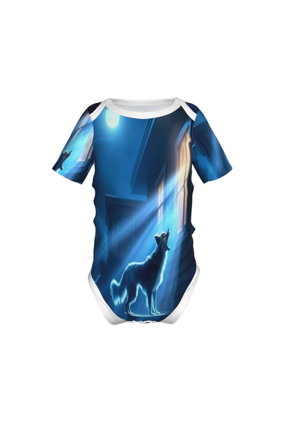 A Wolf Barks Out A Window Pattern Baby Climbing Bodysuit Short Sleeve Onesie Unisex 0-12 Months Baby Shirt Newborn Outfits Crotch snap design-18 Months