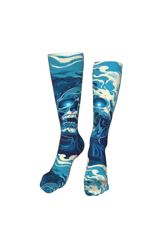 Abstract Blue Skull Print Calf Socks Seamless Toe, Knee High Long Socks, Sports Socks Trouser Socks for Women and Men-One Size