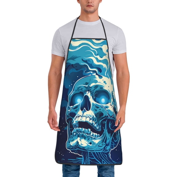 Xecao Abstract Blue Skull Print Funny BBQ Chef Aprons for Men Women,Adjustable Kitchen Cooking Aprons with Pocket Waterproof Oil Proof No Pilling Fading