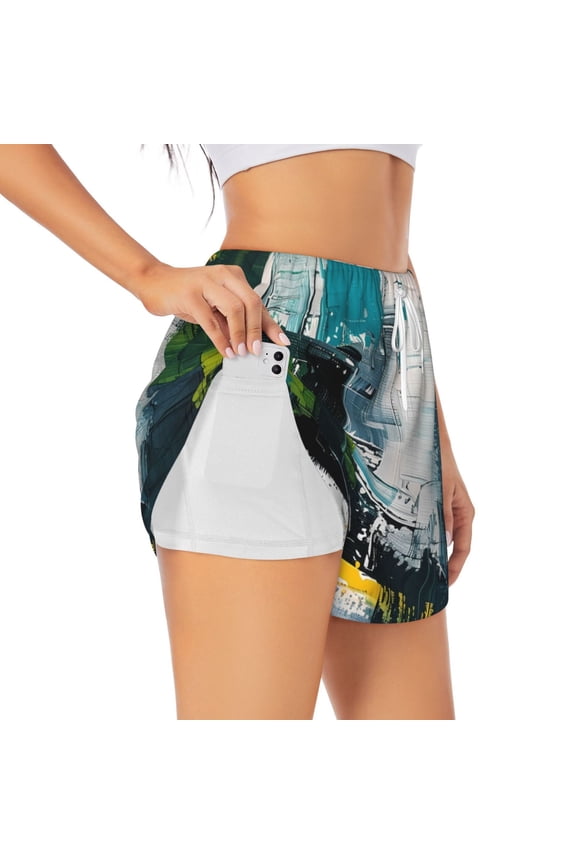 Abstract Brushstrokes Green Blue for Double-layer Running Short for Women, Perfect for Gym, Tennis, and More, Featuring a Convenient Pocket-Medium