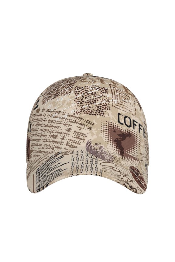 Abstract Coffee Pattern With Letters for Baseball Cap: Unisex, crafted from classic polyester twill fabric, featuring a soft unconstructed design