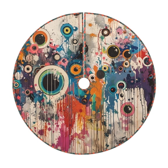 Xecao Abstract Colorful Dripping Circles Pattern Christmas Tree Skirt Round Xmas Tree Mat Base Cover for Holiday Home Decorations-36"