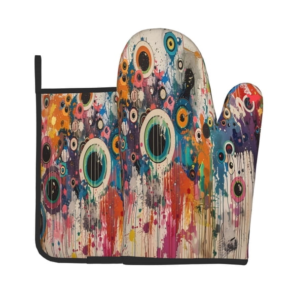 Xecao Abstract Colorful Dripping Circles Pattern Oven Mitts and Pot Holders Sets Heat Resistant Silicone Oven Mittens Extra Thicken Long Kitchen Cotton Oven Glove for Cooking