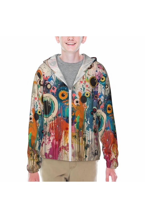 Abstract Colorful Dripping Circles Print Fishing Shirts for teenager Long Sleeve UV Sun Protection Hoodie with Zipper Outdoor Hiking Shirts-Medium
