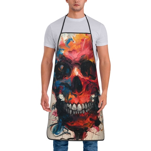 Xecao Abstract Colorful Skull Art Print Funny BBQ Chef Aprons for Men Women,Adjustable Kitchen Cooking Aprons with Pocket Waterproof Oil Proof No Pilling Fading