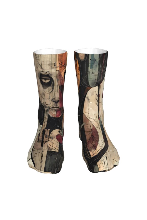 Abstract Geometric Faces Print Fashion No Heel Casual Crew Socks Cushioned Breathable for Men Women - Moisture wicking,Not easy to fade Suitable for daily