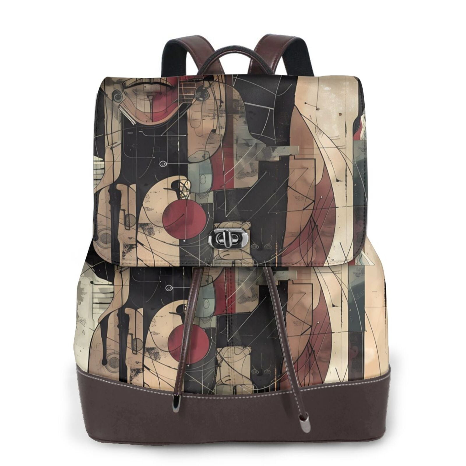 Xecao Abstract Geometric Faces Print Large Backpack Soft Leather for ...
