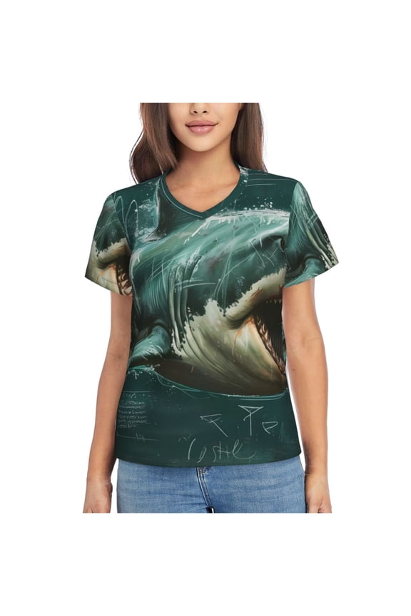 Abstract Geometric Shark for Women's V-Neck T-Shirts-Elegant Half-Sleeve Tops Perfect for Summer-3X-Large