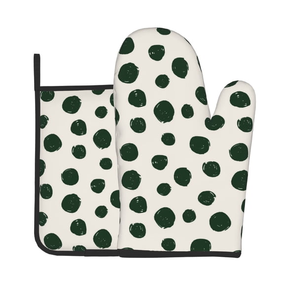 Xecao Abstract Green Polka Dot Pattern Oven Mitts and Pot Holders Sets Heat Resistant Silicone Oven Mittens Extra Thicken Long Kitchen Cotton Oven Glove for Cooking