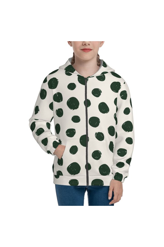 Abstract Green Polka Dot Pattern Zip Up Hoodies for Boys Girls, Sweatshirt with Pockets-Small