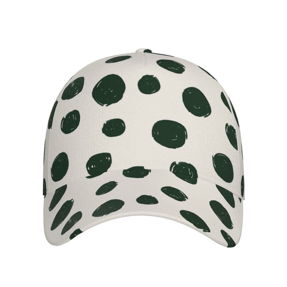 Xecao Abstract Green Polka Dot for Baseball Cap: Unisex, crafted from classic polyester twill fabric, featuring a soft unconstructed design