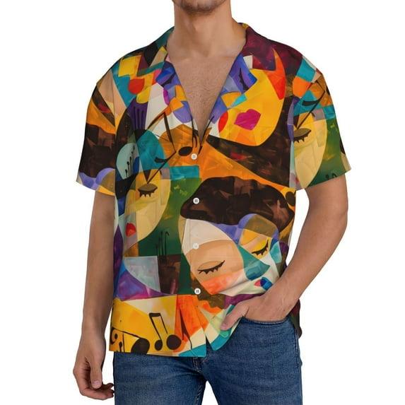 Xecao Abstract Musical Faces Men's Casual Short-sleeved Shirt, a button-up collared shirt with a pocket-Small