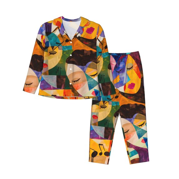 Xecao Abstract Musical Faces Print Women Pajamas Set Soft Sleepwear Pjs long Sleeve Button Down Nightwear with Long Pants