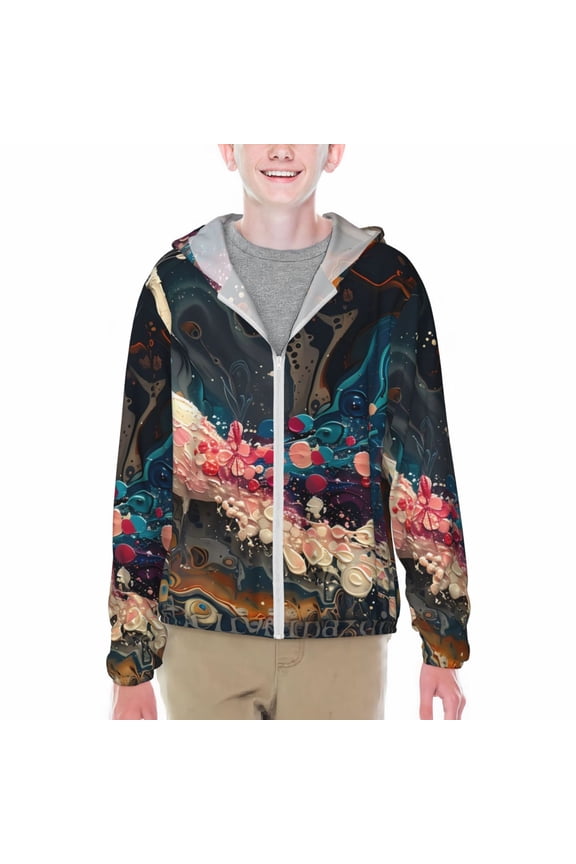 Abstract Peacock Painting Print Fishing Shirts for teenager Long Sleeve UV Sun Protection Hoodie with Zipper Outdoor Hiking Shirts-Small