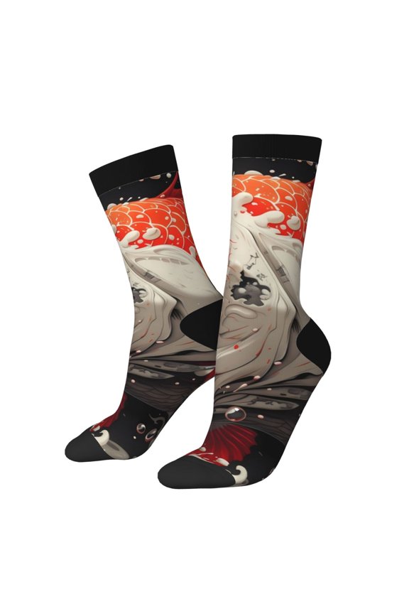 Abstract Red Koi Fish Art Pattern Sport Socks for Women and Men Crew Socks Sporty Calf Socks Casual Socks