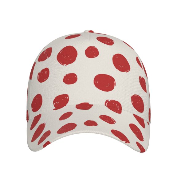 Xecao Abstract Red Polka Dot for Baseball Cap: Unisex, crafted from classic polyester twill fabric, featuring a soft unconstructed design