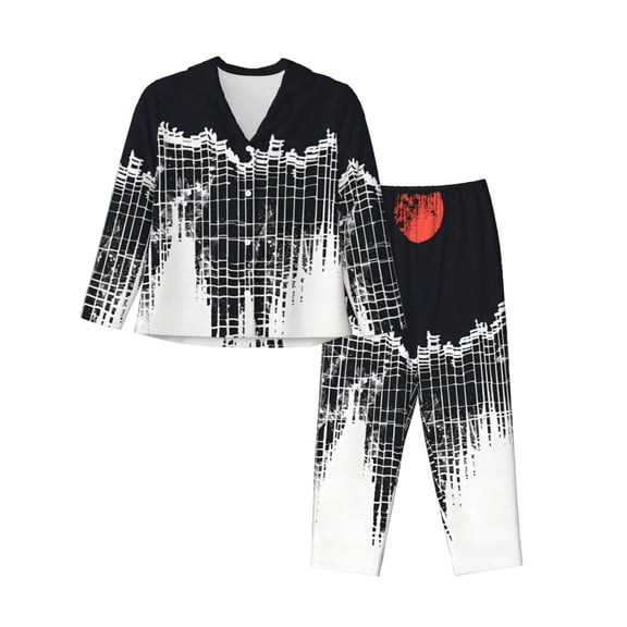 Xecao Abstract Red Sun Design Print Women Pajamas Set Soft Sleepwear Pjs long Sleeve Button Down Nightwear with Long Pants