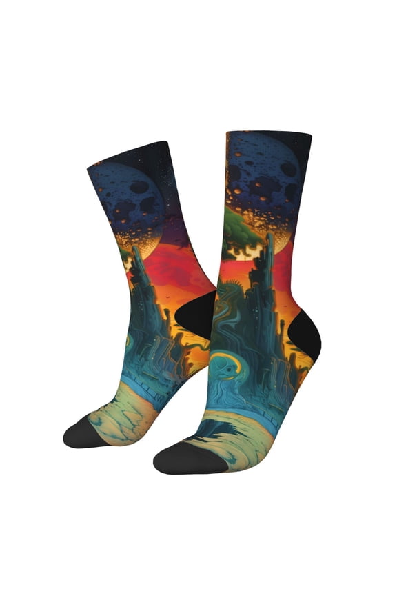Abstract Tree Castle Pattern Sport Socks for Women and Men Crew Socks Sporty Calf Socks Casual Socks