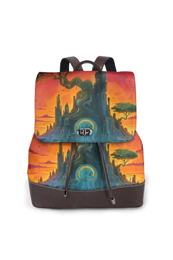 Abstract Tree Castle Print Large Backpack Soft Leather for Women Travel with Compartment, Adjustable Convertible Strap