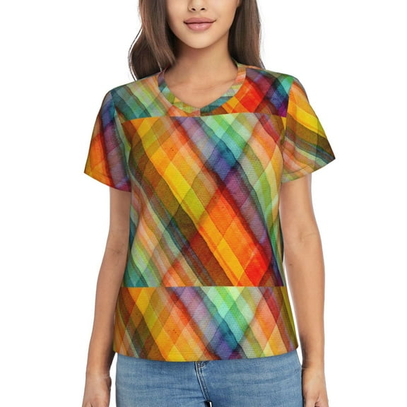 Xecao Abstract Watercolors Tartan for Women's V-Neck T-Shirts-Elegant Half-Sleeve Tops Perfect for Summer-Small