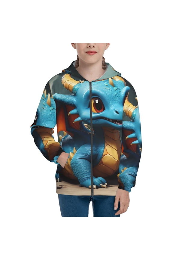 Adorable Blue Baby Dragon Pattern Zip Up Hoodies for Boys Girls, Sweatshirt with Pockets-Small