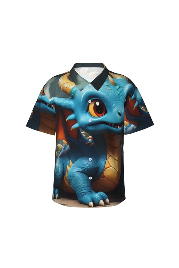 Adorable Blue Baby Dragon Print Hawaiian shirt - A Stylish Short-Sleeve Button-Down for Men, Perfect for Casual Beach and Tropical Outings.,Small