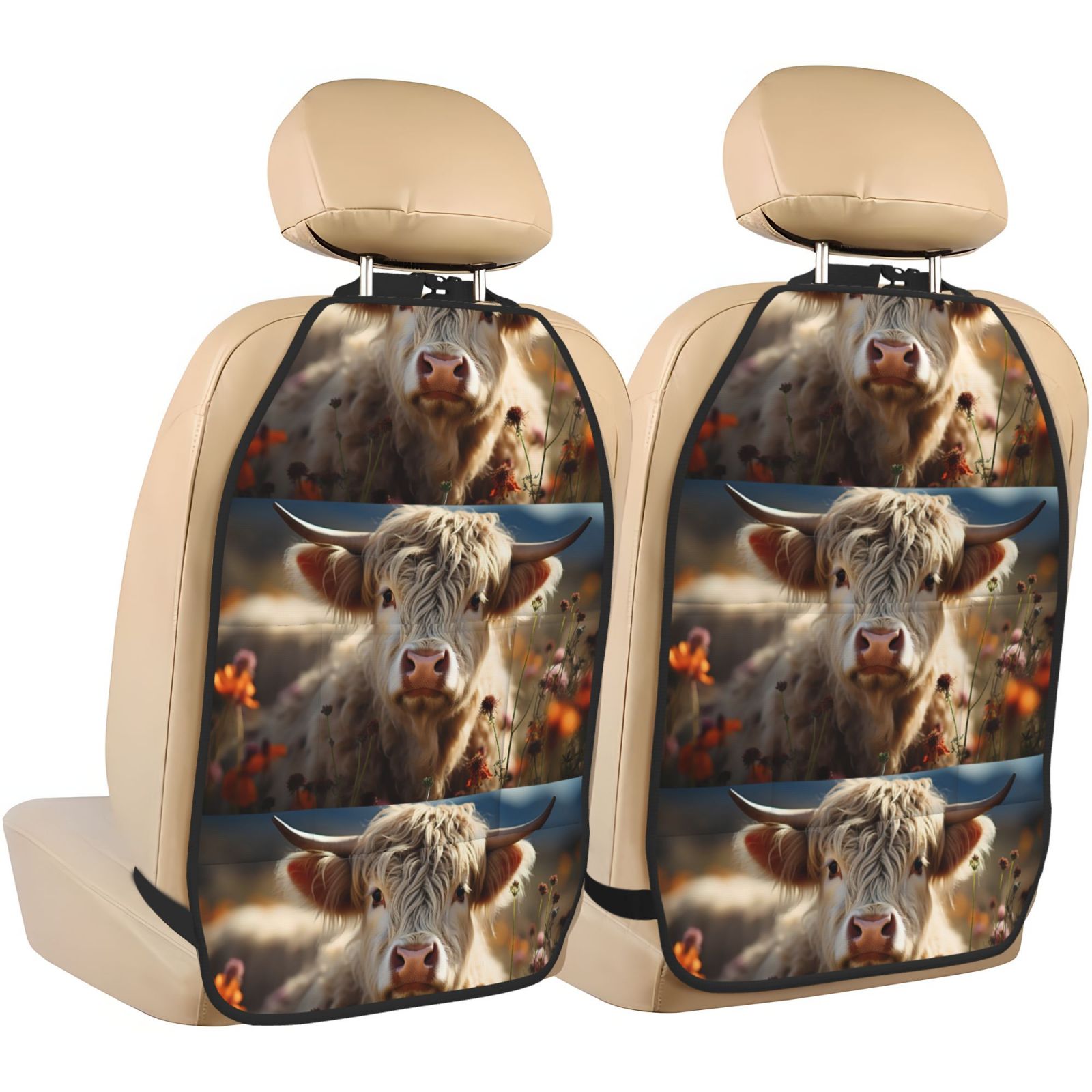 Xecao Adorable Flower Field Cow Pattern Car Seat Back Protector 2 Pack Large Capacity Pocket, Kick Mats Back Seat Protector