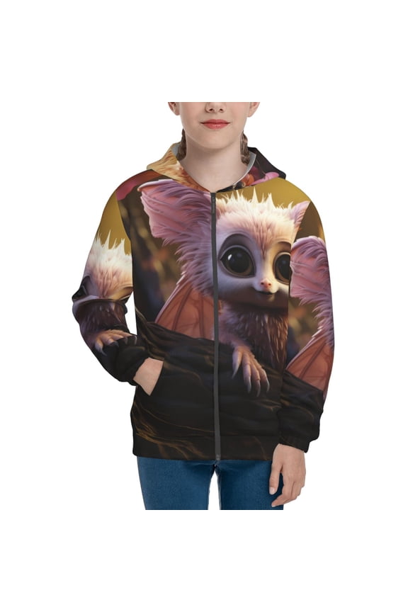 Adorable Fluffy Bat Pattern Zip Up Hoodies for Boys Girls, Sweatshirt with Pockets-Small