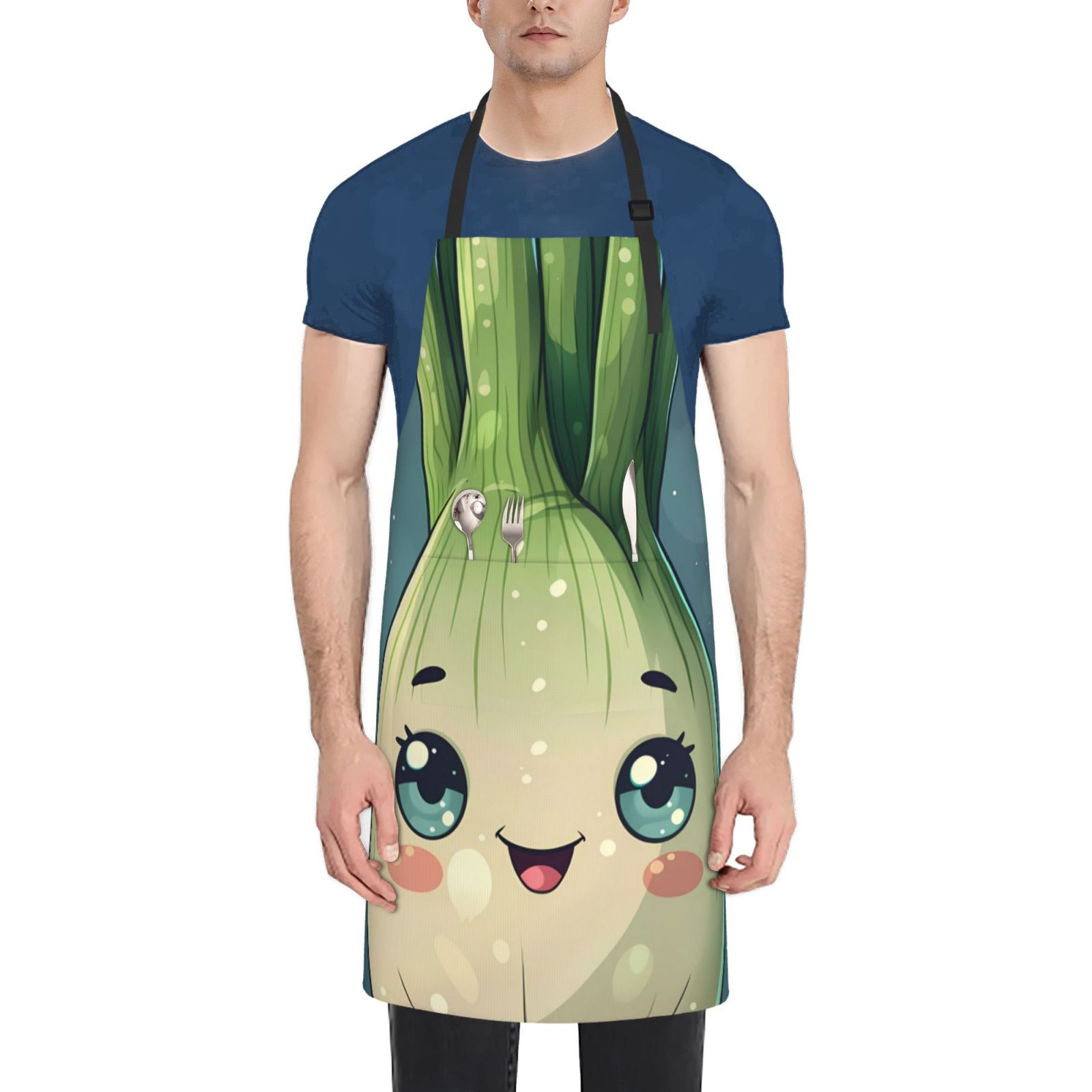 Xecao Adorable Kawaii Fennel Character Print Kitchen Cooking Aprons, Waterproof Adjustable Bib Aprons with 2 Pockets for Women Men Chef