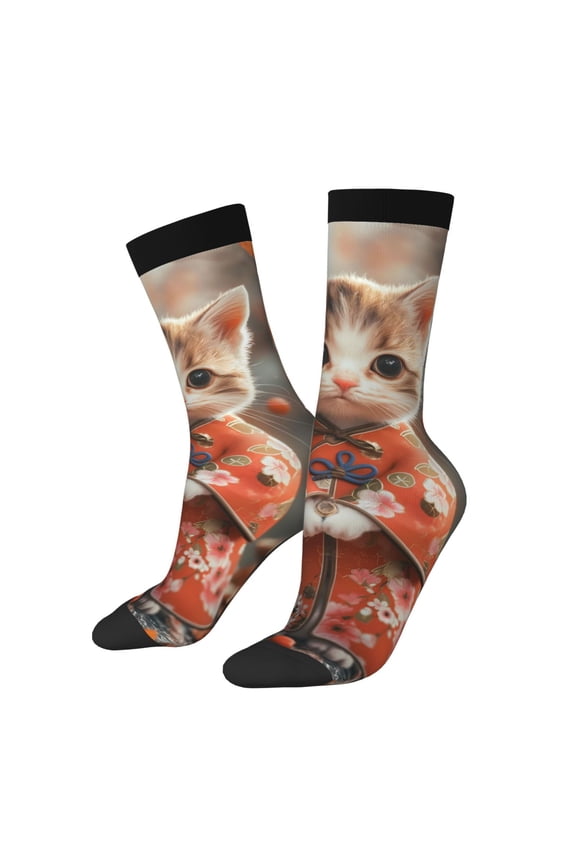 Adorable Kitten In Kimono Pattern Sport Socks for Women and Men Crew Socks Sporty Calf Socks Casual Socks