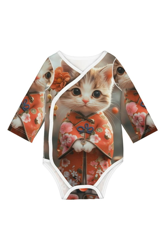 Adorable Kitten In Kimono Print Baby unisex-baby Cotton Long-sleeve Bodysuits-3 Months