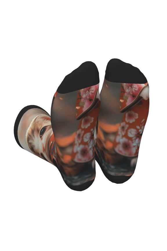 Adorable Kitten In Kimono Print Crew Socks for Men and Women, Men's Soft Moisture-wicking Sock