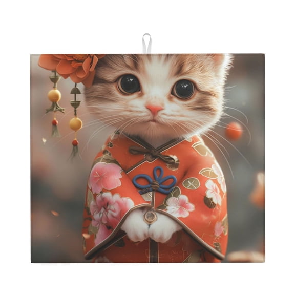 Xecao Adorable Kitten In Kimono Print Dish Drying Mat for Kitchen Counter,Absorbent Coffee Bar Mat, Dish Drainer Rack Mats,Dining Room Decoration