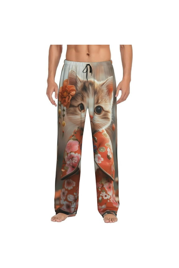 Adorable Kitten In Kimono Print Men's Straight Lounge Pajama Pants - The Ultimate in Comfortable Sleepwear-Medium