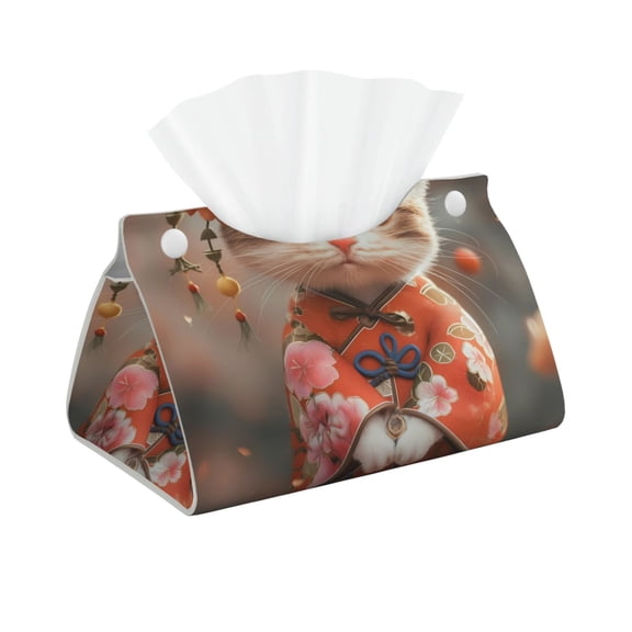 Xecao Adorable Kitten In Kimono Print Tissue Box Cover,Modern PVC Leather Square Tissue Box Holder for Creative Decorative