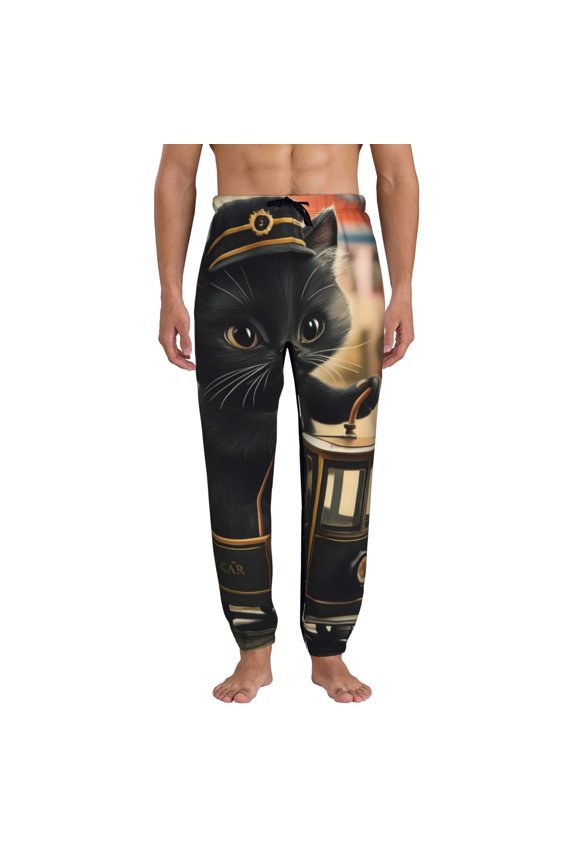 Adorable Kitten On Mini Train Print Active Tech Joggers for Men, Mens Sweatpants Lounge Pants with Pockets-Small