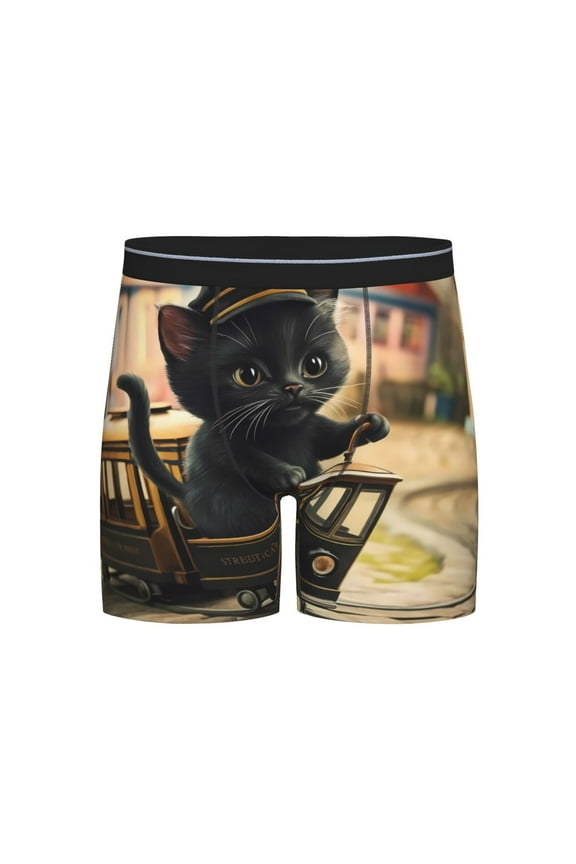 Adorable Kitten On Mini Train Print Boxer Briefs for Men's Stretch Moisture-Wicking Underwear, Mid-Rise Classics breathable fabric