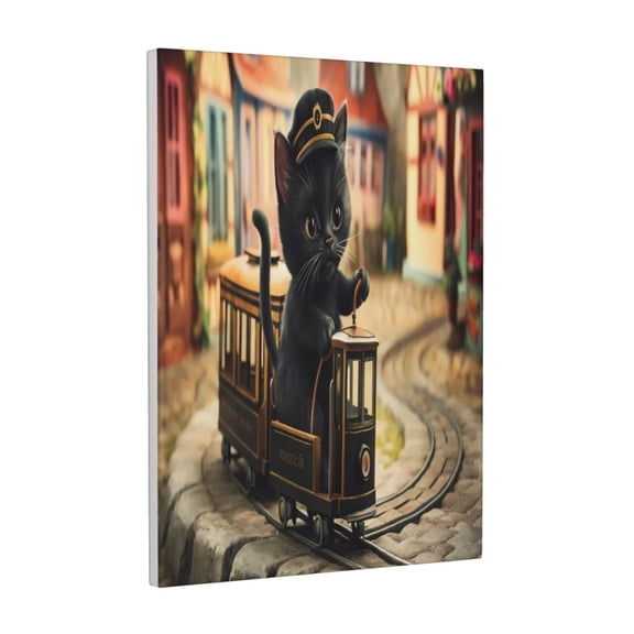 Xecao Adorable Kitten On Mini Train for Ready-to-Hang Canvas Art 12x16 Inches - Waterproof HD Print Solid Wood Frame for Gifting,Vertical