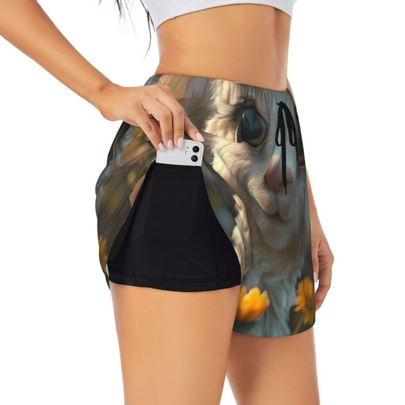 Xecao Adorable Llama In Flowers for Double-layer Running Short for Women, Perfect for Gym, Tennis, and More, Featuring a Convenient Pocket-Large