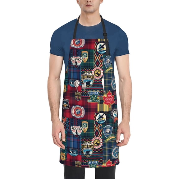 Xecao Adventure Camping Badge Print Kitchen Cooking Aprons, Waterproof Adjustable Bib Aprons with 2 Pockets for Women Men Chef