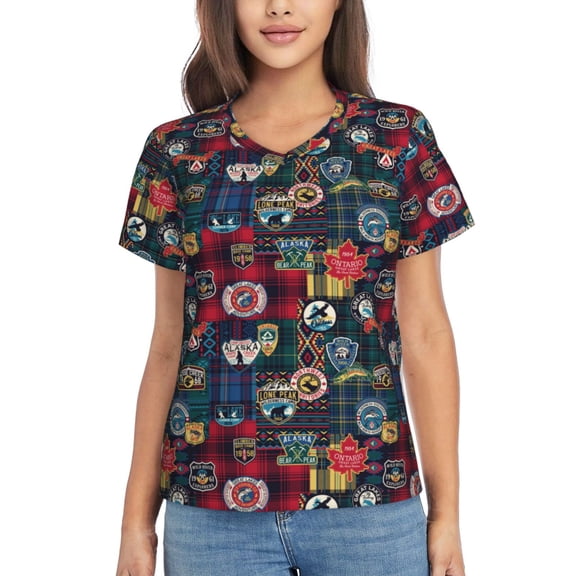 Xecao Adventure Camping Badge for Women's V-Neck T-Shirts-Elegant Half-Sleeve Tops Perfect for Summer-Large