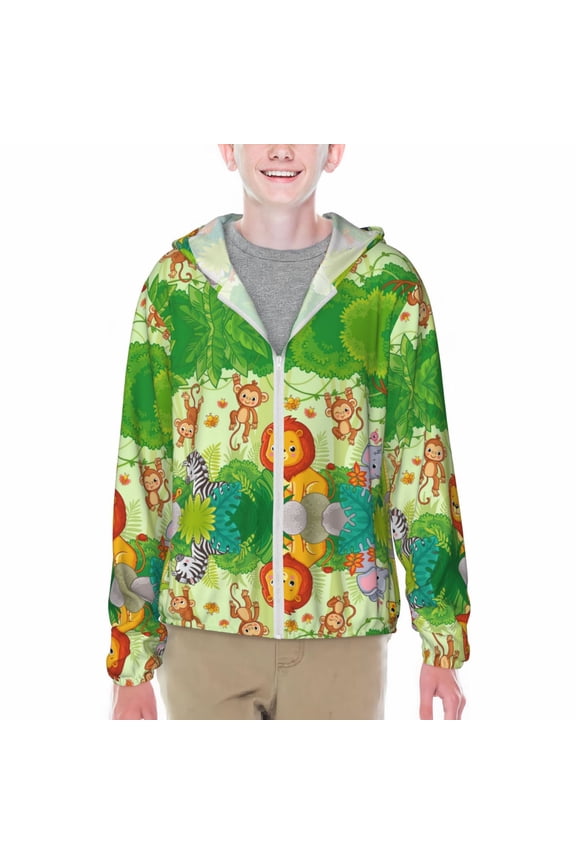 African Animals in the Jungle Print Fishing Shirts for teenager Long Sleeve UV Sun Protection Hoodie with Zipper Outdoor Hiking Shirts-XX-Large