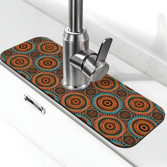 Xecao African Tribal Style for Kitchen Sink Splash Guard Faucet Mat , Faucet Guard & Draining mat, (15" X 5.5" )