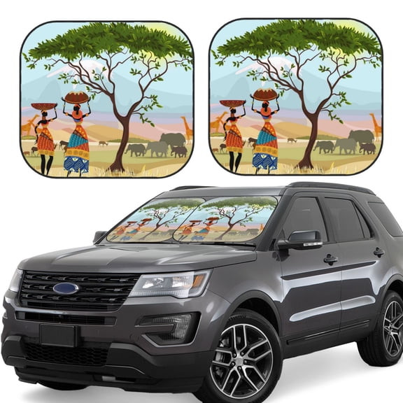 Xecao African Women in Mountain Landscape for Foldable Car Sun Shades (2-Pack) offer sun protection with an easy-fold design for convenient windshield shading.