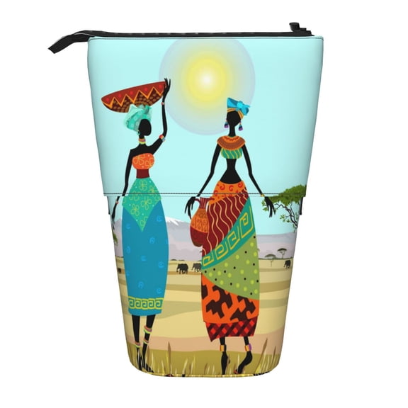 Xecao African Women Print Telescopic Pencil Bag Pen Holder Pop Up Stationery Case Stand-up Retractable Transformer Bag Standing Organizer