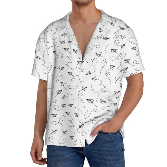 Xecao Airplane Men's Casual Short-sleeved Shirt, a button-up collared shirt with a pocket-Small
