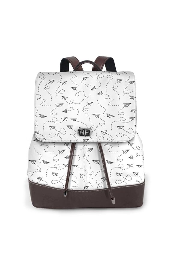 Airplane Print Large Backpack Soft Leather for Women Travel with Compartment, Adjustable Convertible Strap