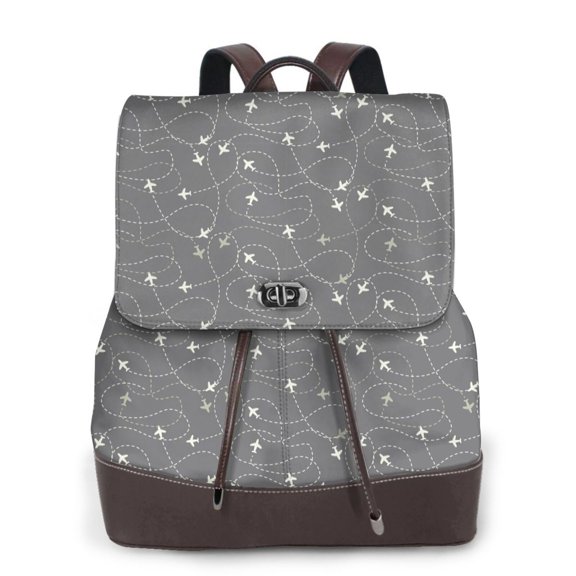 Xecao Airplane Routes Around The World Print Large Backpack Soft Leather for Women Travel with Compartment, Adjustable Convertible Strap